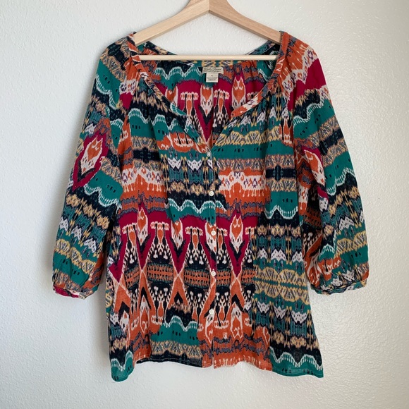 Lucky Brand Alexis Ikat Peasant Button Down Top - Picture 2 of 8